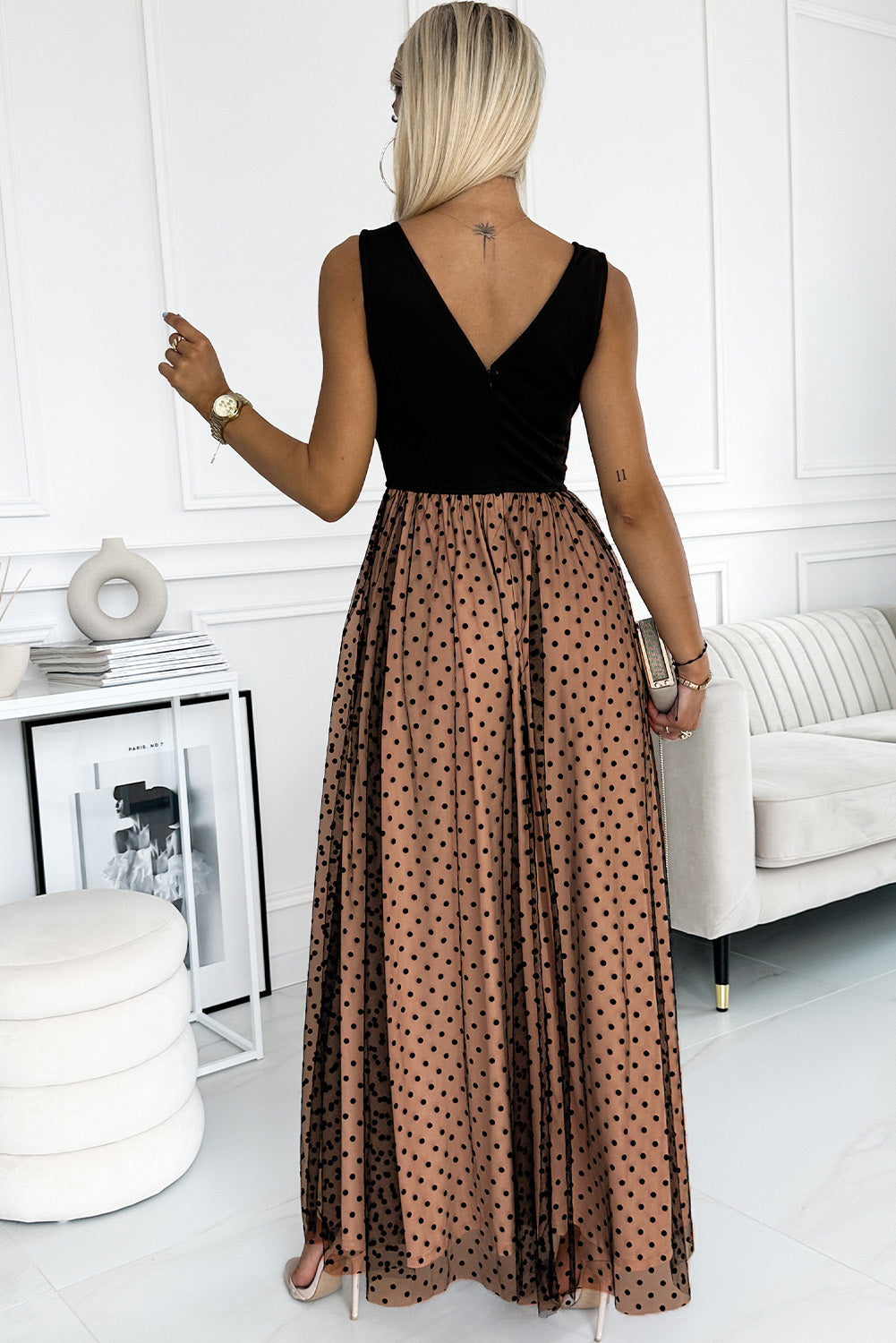 Black Polka Dot Mesh Overlay Sleeveless Maxi Dress