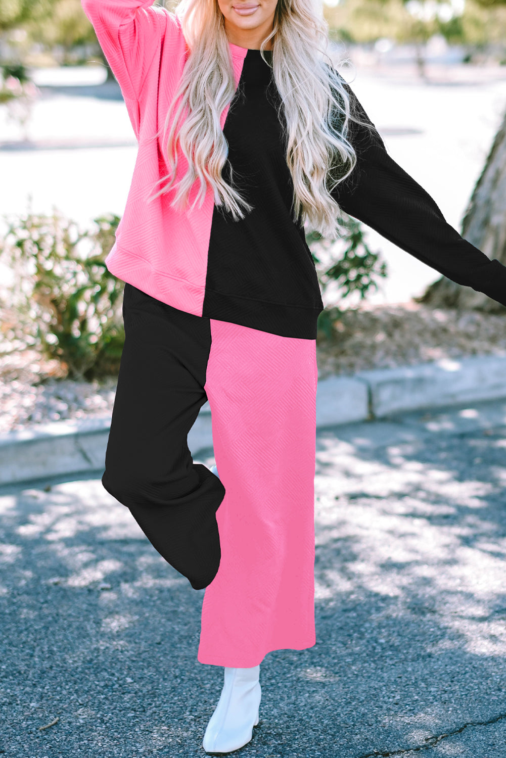 Pink and Black Contrast Color Outfit Set