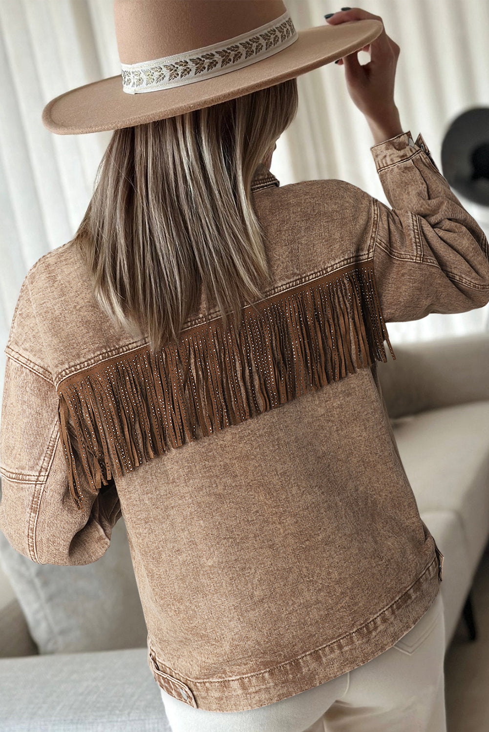 Brown Rhinestone Fringed Cowgirl Denim Jacket