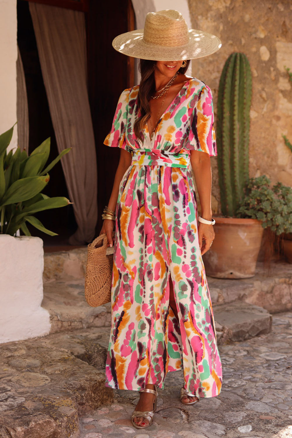 Pink Boho Tie-dye Print V Neck Maxi Dress