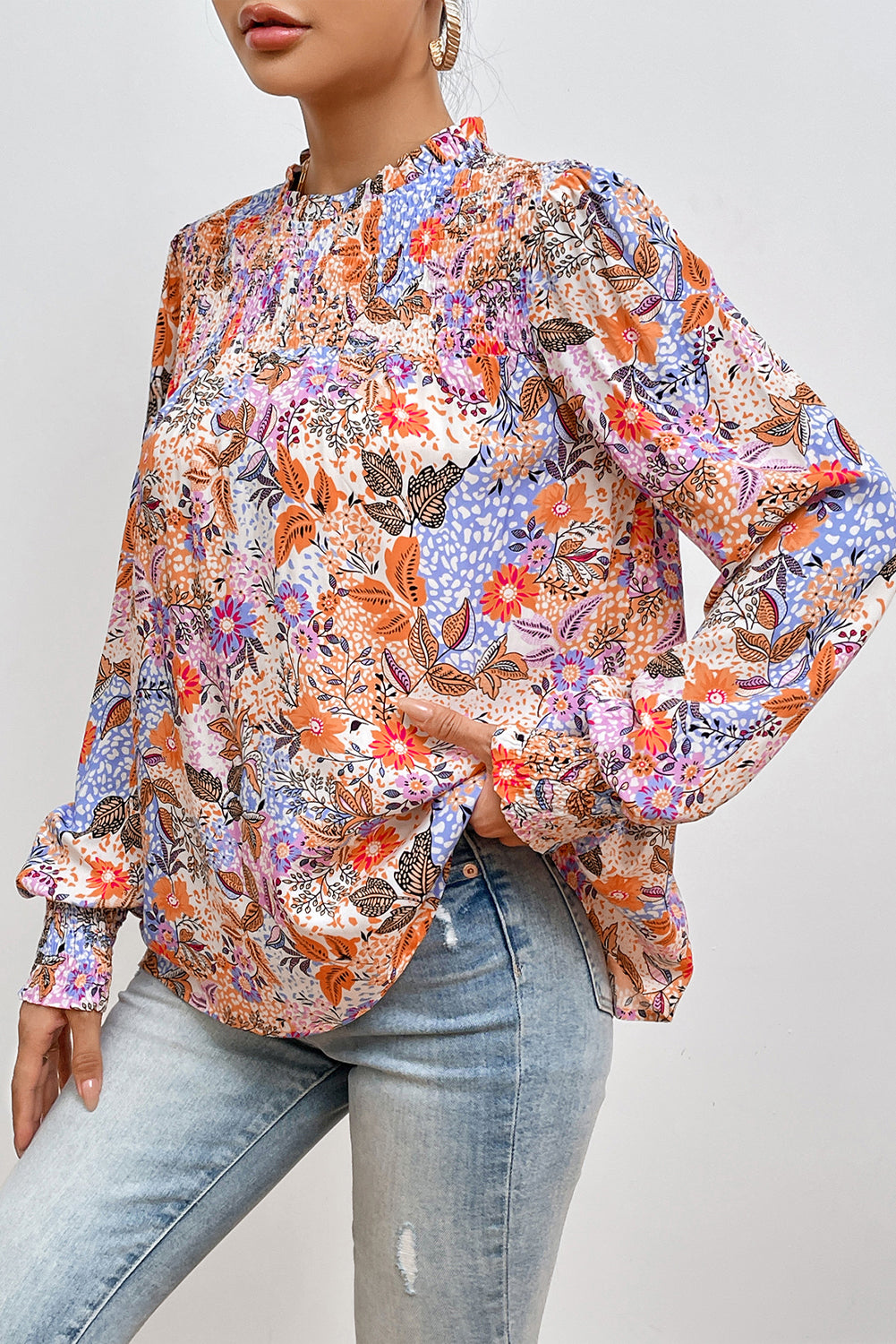 Multicolour Floral Bishop Sleeve Frilled Round Neck Blouse