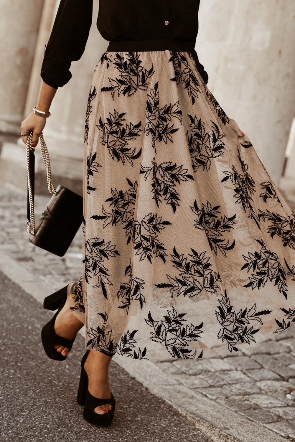 Apricot Floral Embroidered High Waist Maxi Skirt