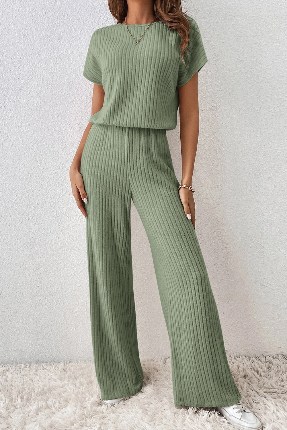 Grass Green Solid Color Ribbed Short Sleeve Wide Leg Jumpsuit