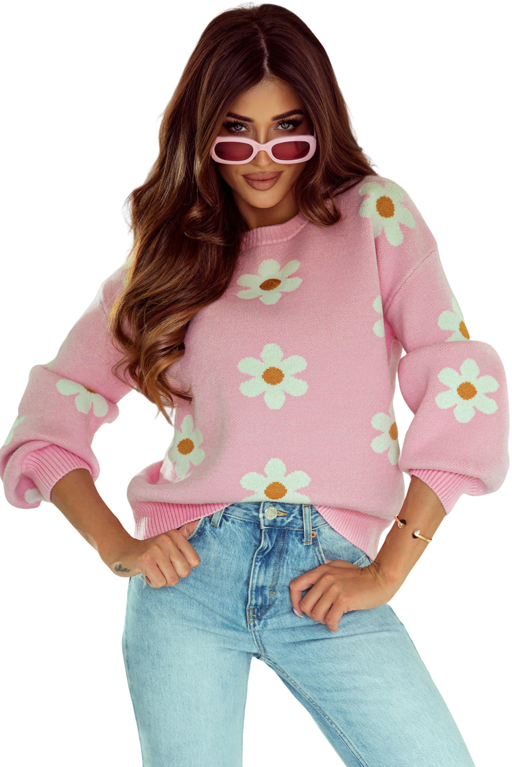 Pink Floral Pattern Sweater