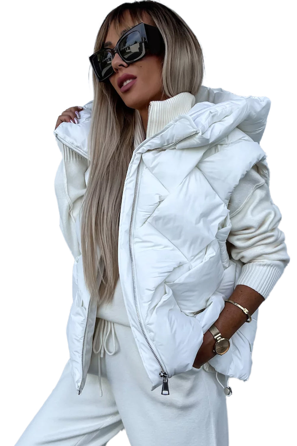 White Quilted Hooded Vest Coat