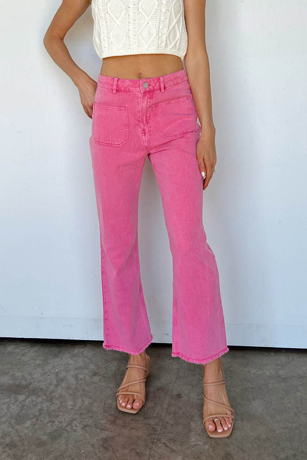 Pink Flare Leg Raw Hem Jeans