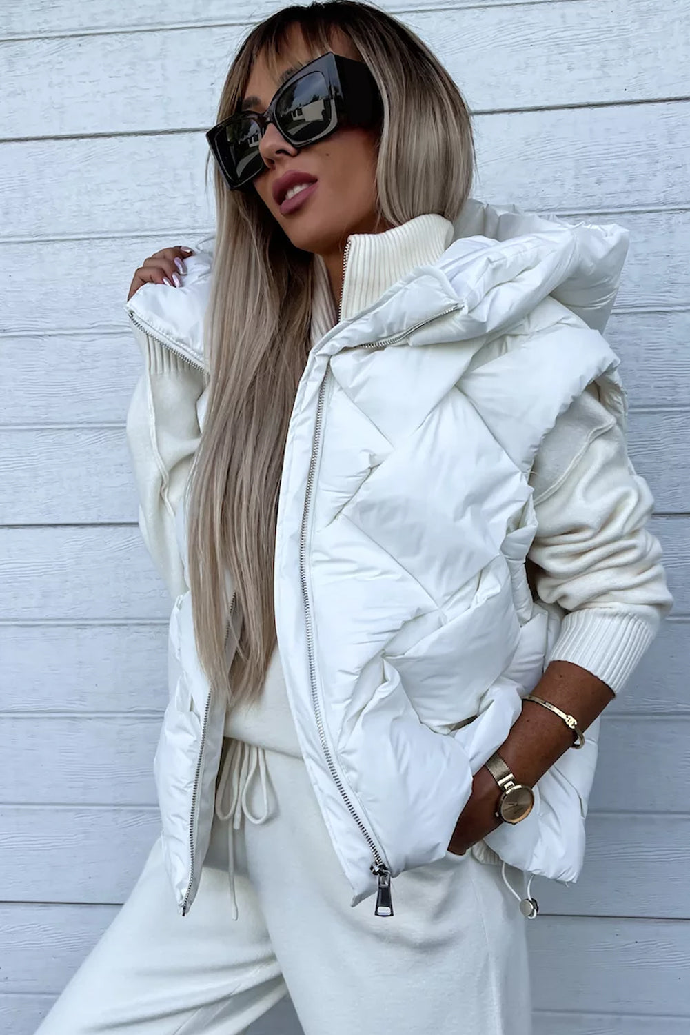 White Quilted Hooded Vest Coat