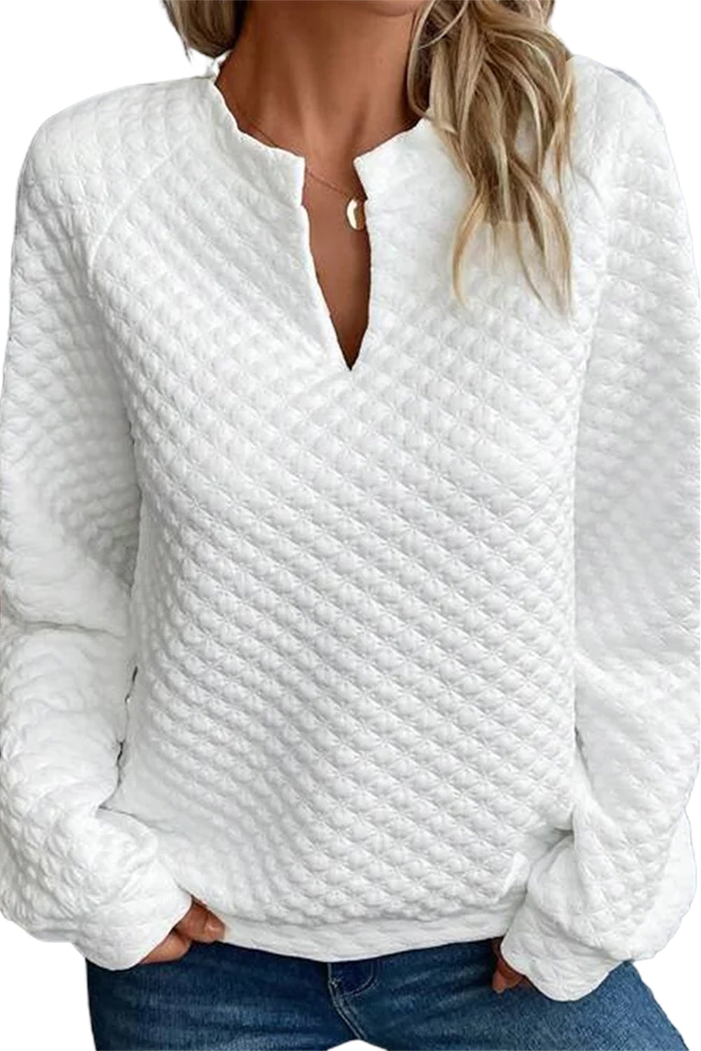 White Split Neck Quilted Long Sleeve Top