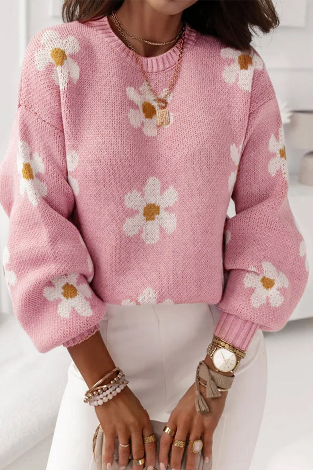 Pink Floral Pattern Sweater