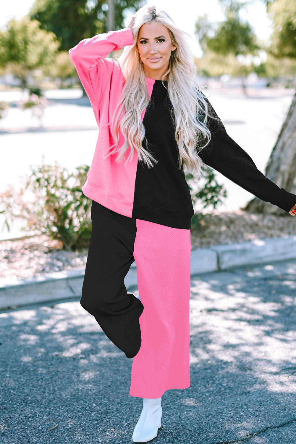 Pink and Black Contrast Color Outfit Set