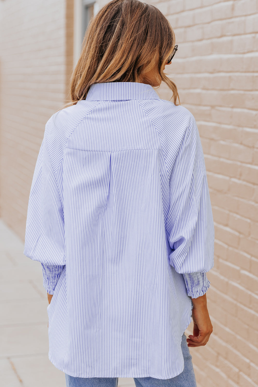 Sky Blue Smocked Cuffed Striped Boyfriend Shirt