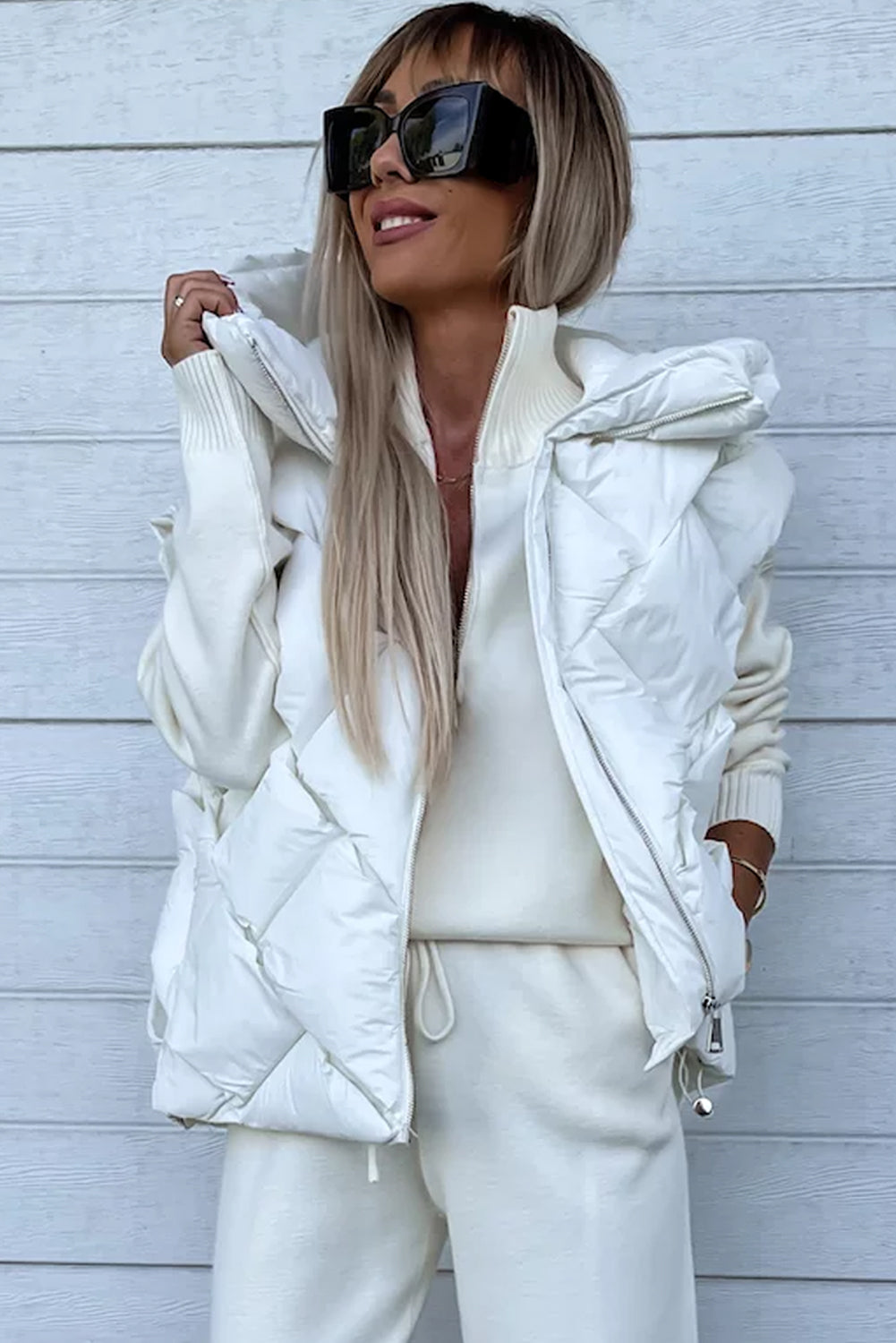 White Quilted Hooded Vest Coat