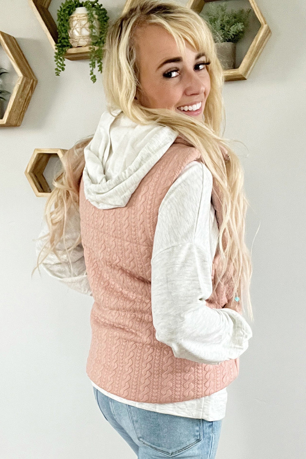 Pale Chestnut Cable Textured Zip Up Vest Jacket