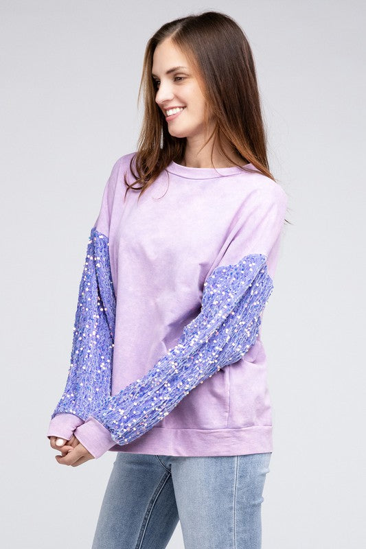 Sequin Sleeve Mineral Washed Top