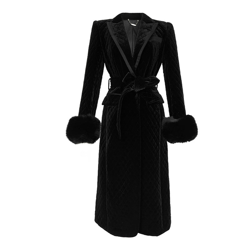 Women's Black Mid-length Coat Velvet