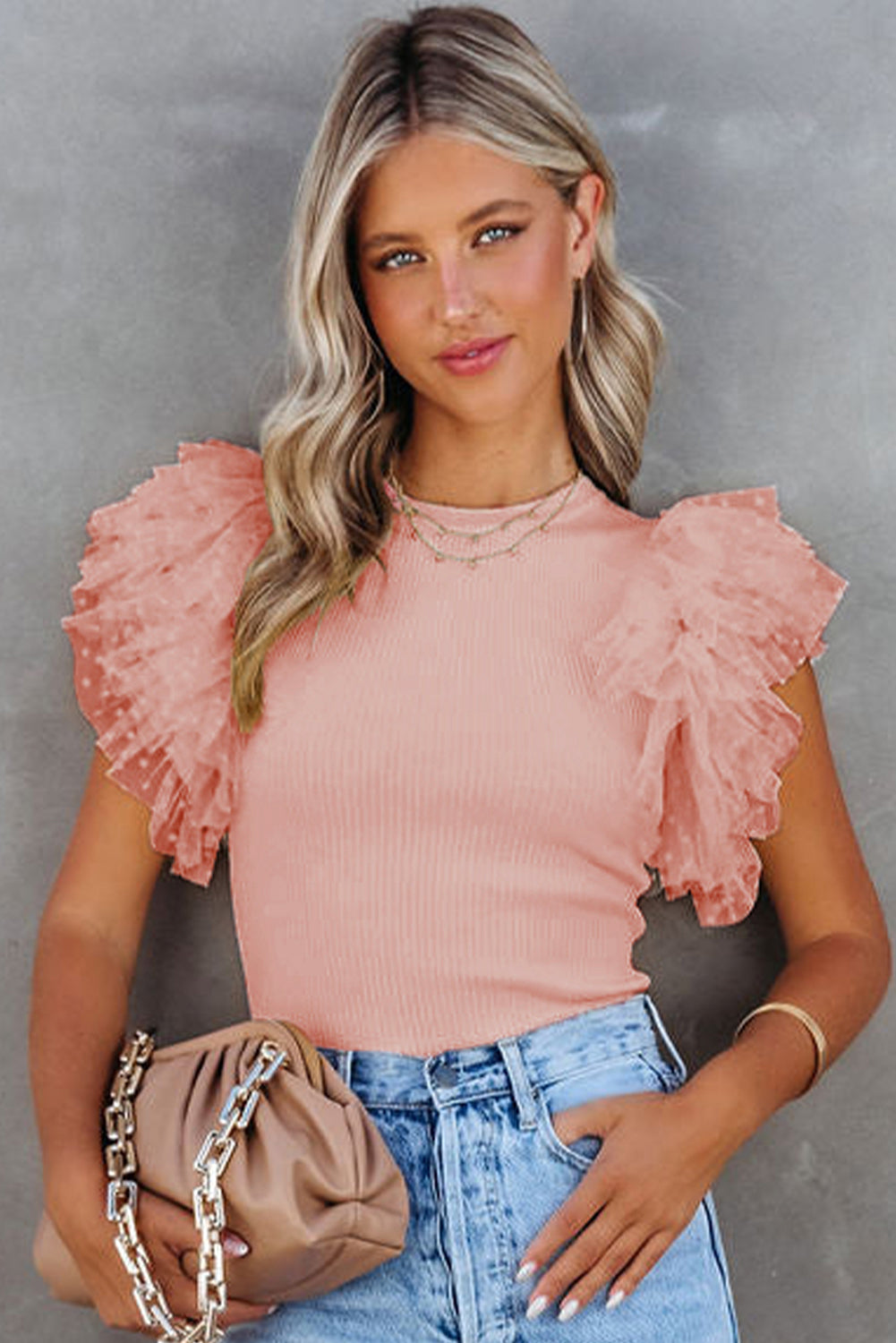 Pink Mesh Ruffle Sleeve Top