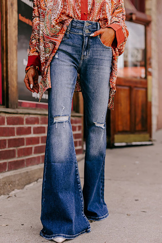 Sky Blue Button Fly Ripped High Waist Flare Jeans