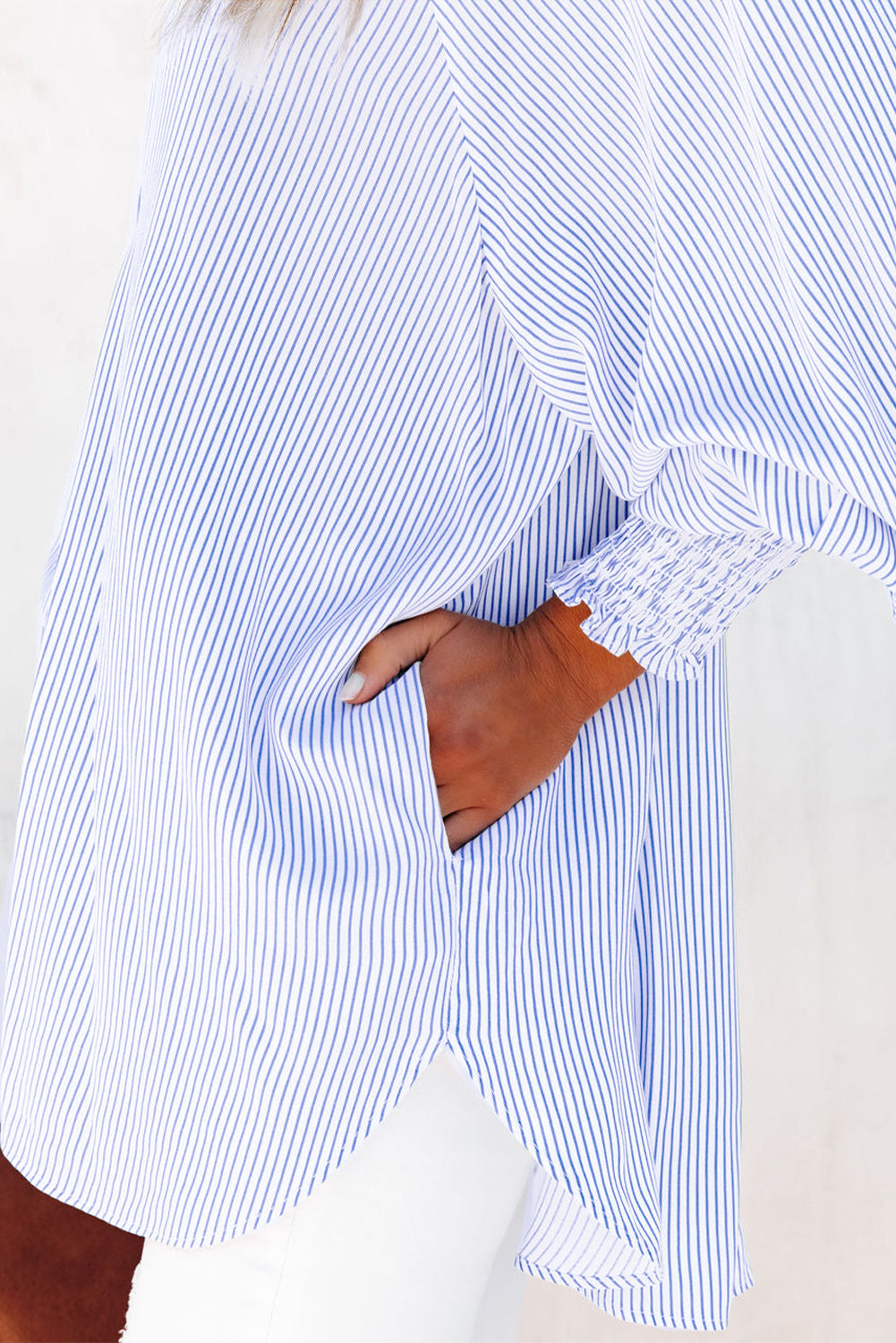 Sky Blue Smocked Cuffed Striped Boyfriend Shirt