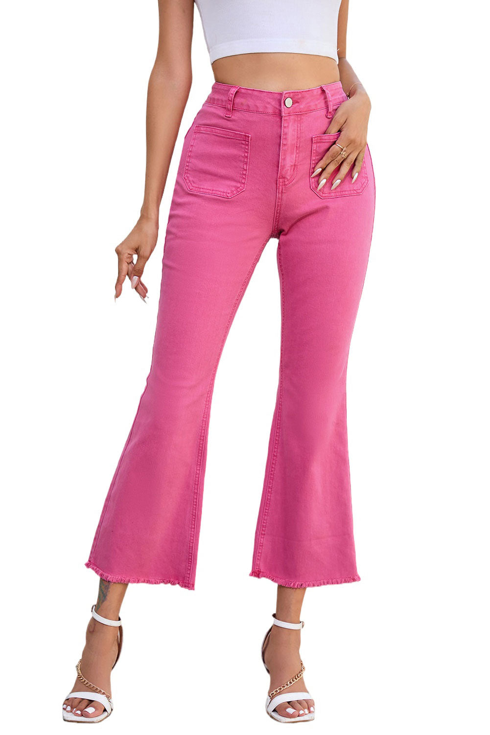 Pink Flare Leg Raw Hem Jeans