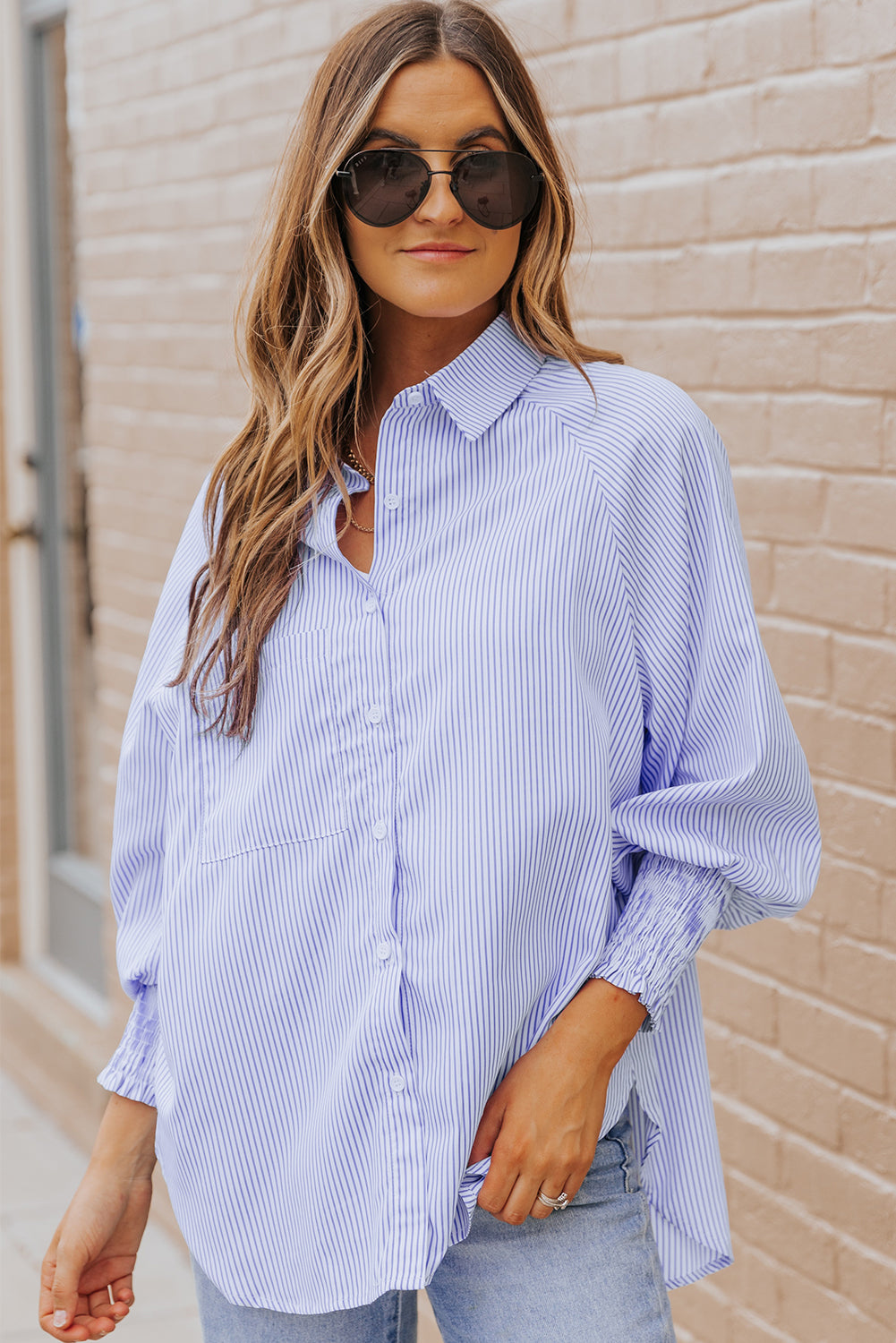 Sky Blue Smocked Cuffed Striped Boyfriend Shirt