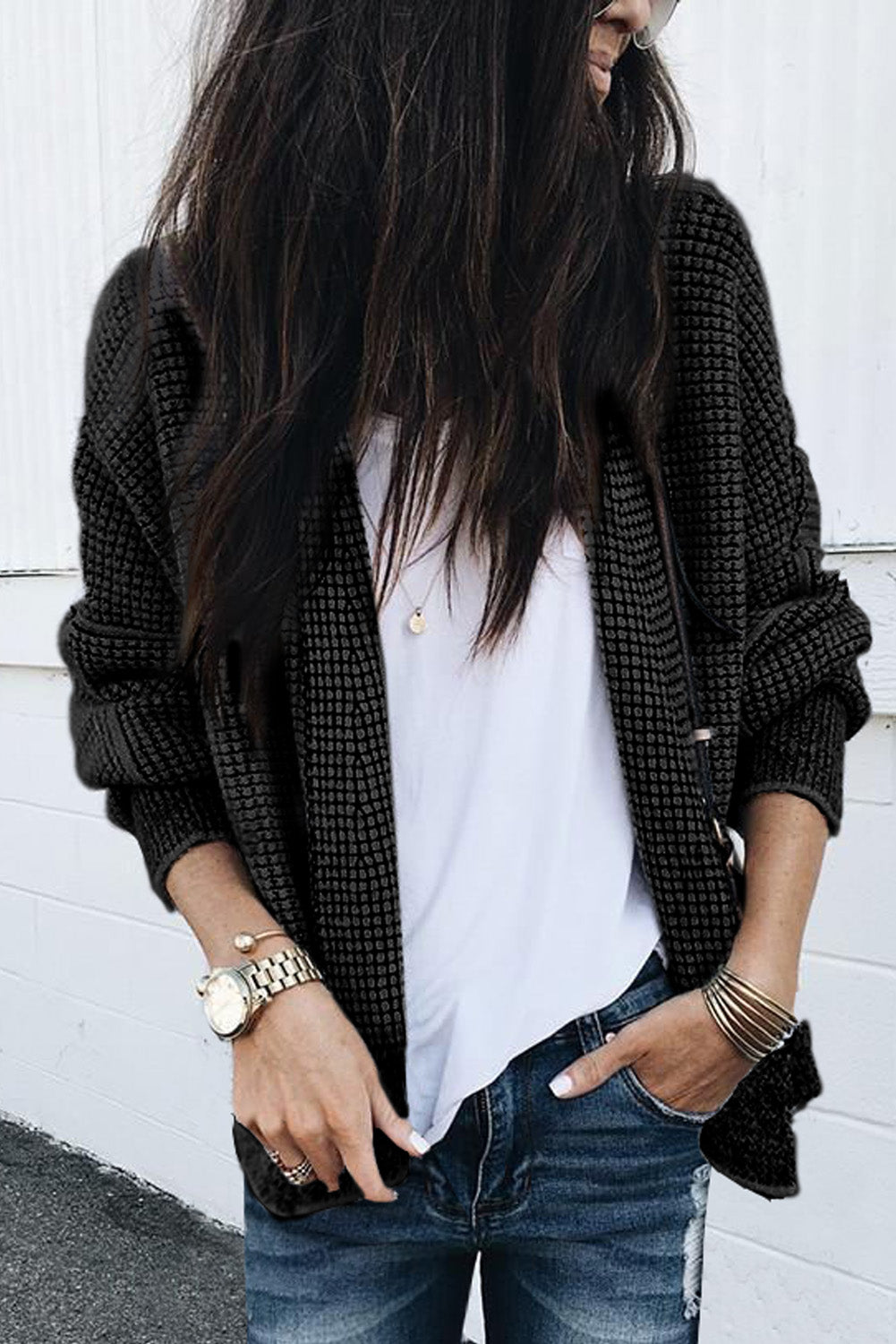 Black Plaid Contrast Trim Open Front Cardigan