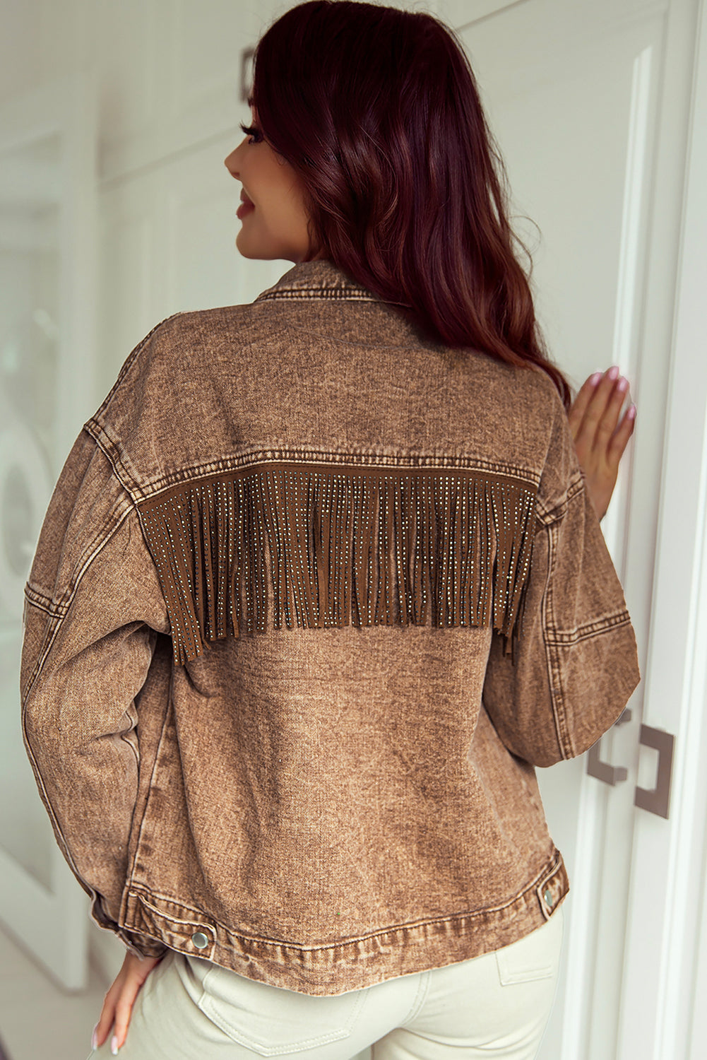 Brown Rhinestone Fringed Cowgirl Denim Jacket