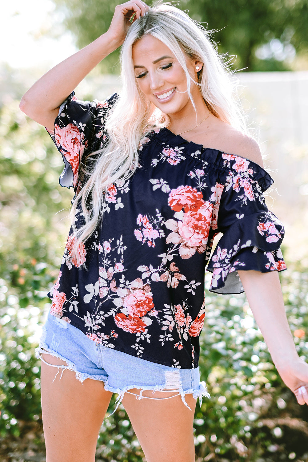 Blue Ruffle Off Shoulder Flounce Sleeve Floral Blouse