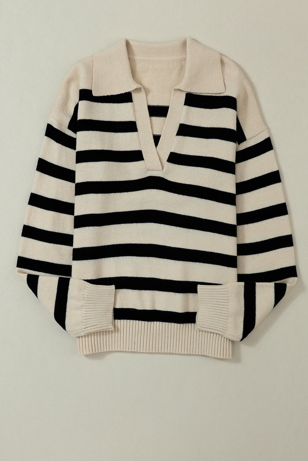 Apricot Striped Knit Drop Shoulder Collared V Neck Sweater