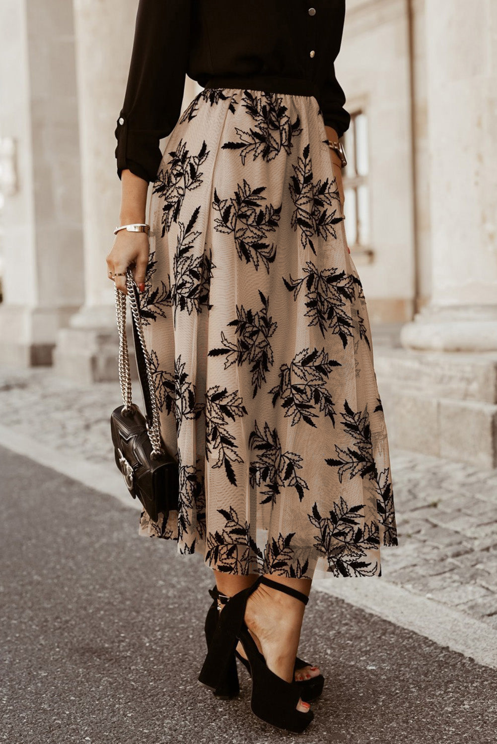 Apricot Floral Embroidered High Waist Maxi Skirt