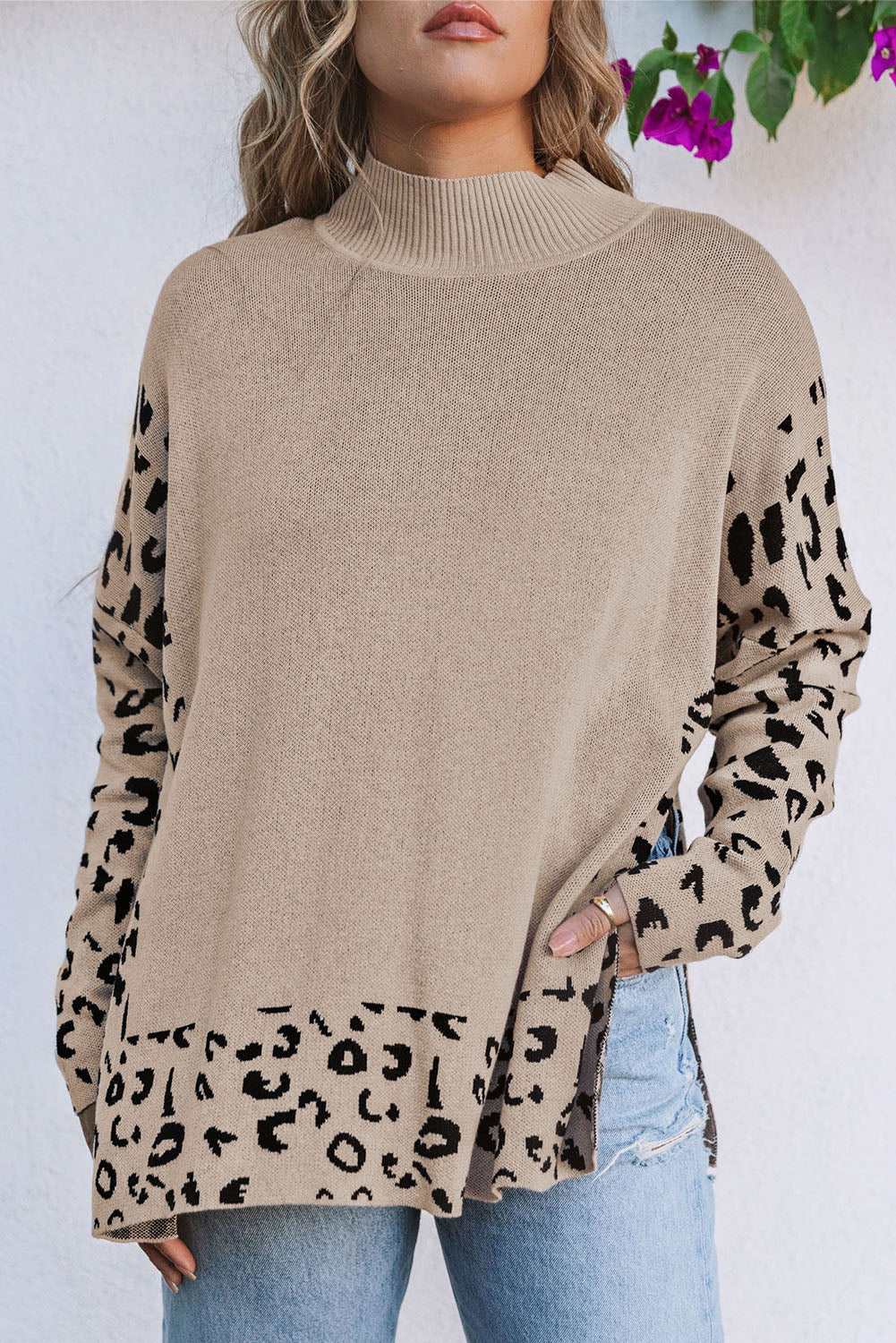 Khaki Leopard High Neck Side Slit Oversized Sweater