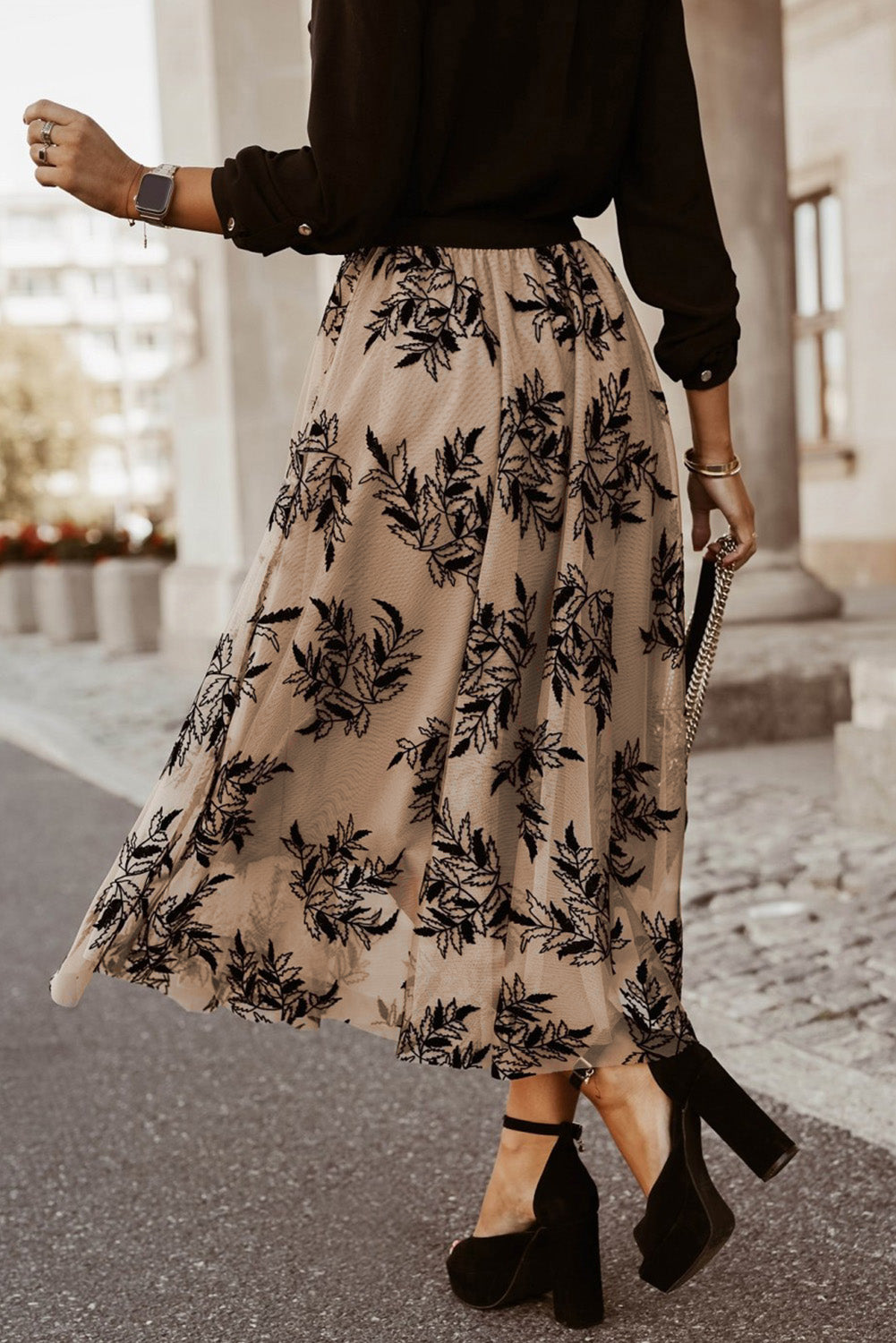 Apricot Floral Embroidered High Waist Maxi Skirt