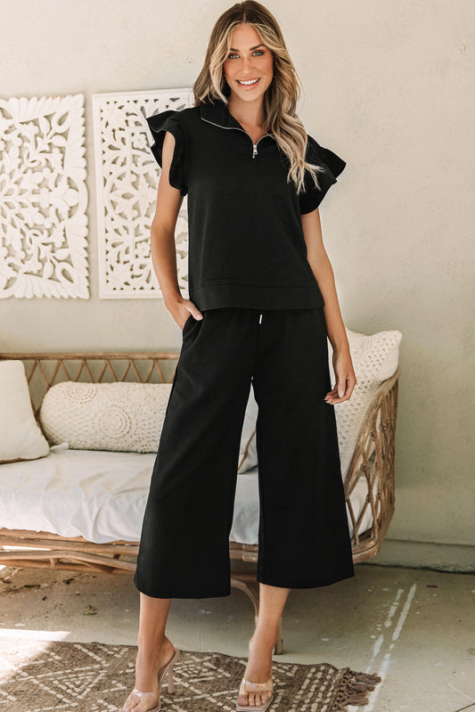 Black Textured Flutter Sleeve Top Wide Leg Pants Set