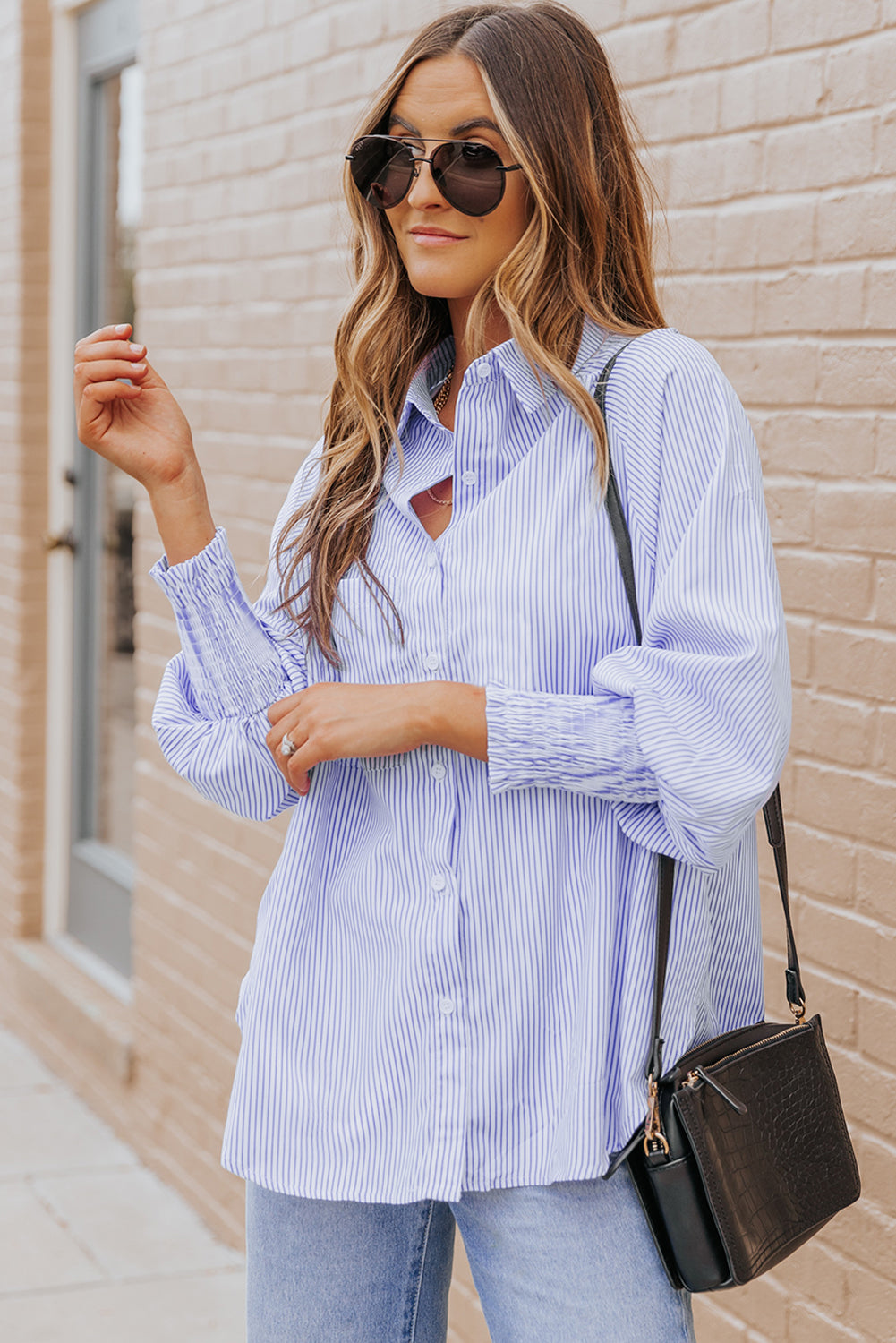 Sky Blue Smocked Cuffed Striped Boyfriend Shirt