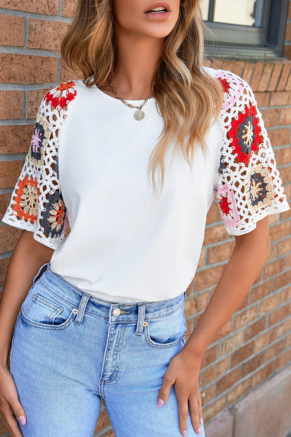 White Floral Crochet Short Sleeve Top