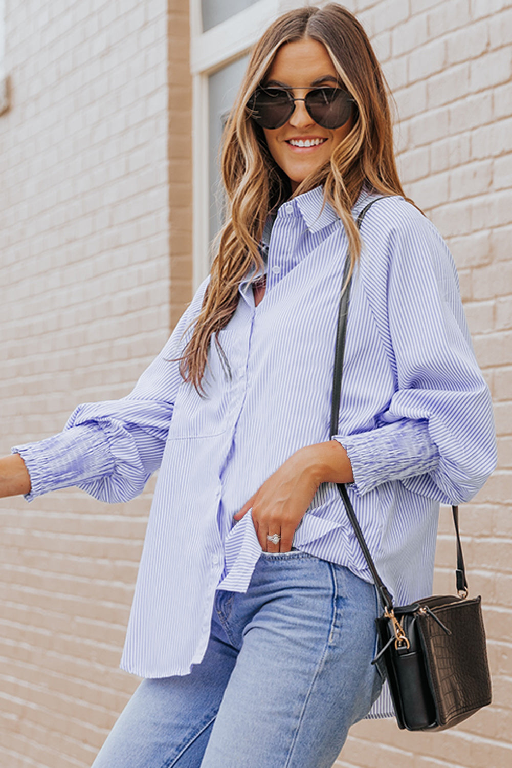 Sky Blue Smocked Cuffed Striped Boyfriend Shirt