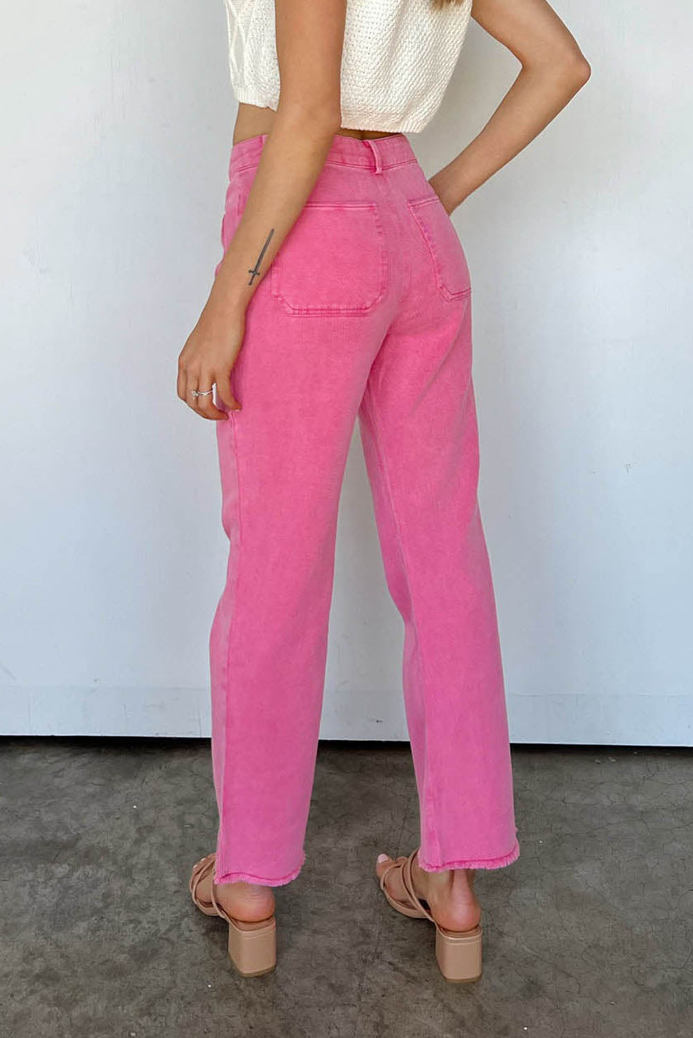 Pink Flare Leg Raw Hem Jeans