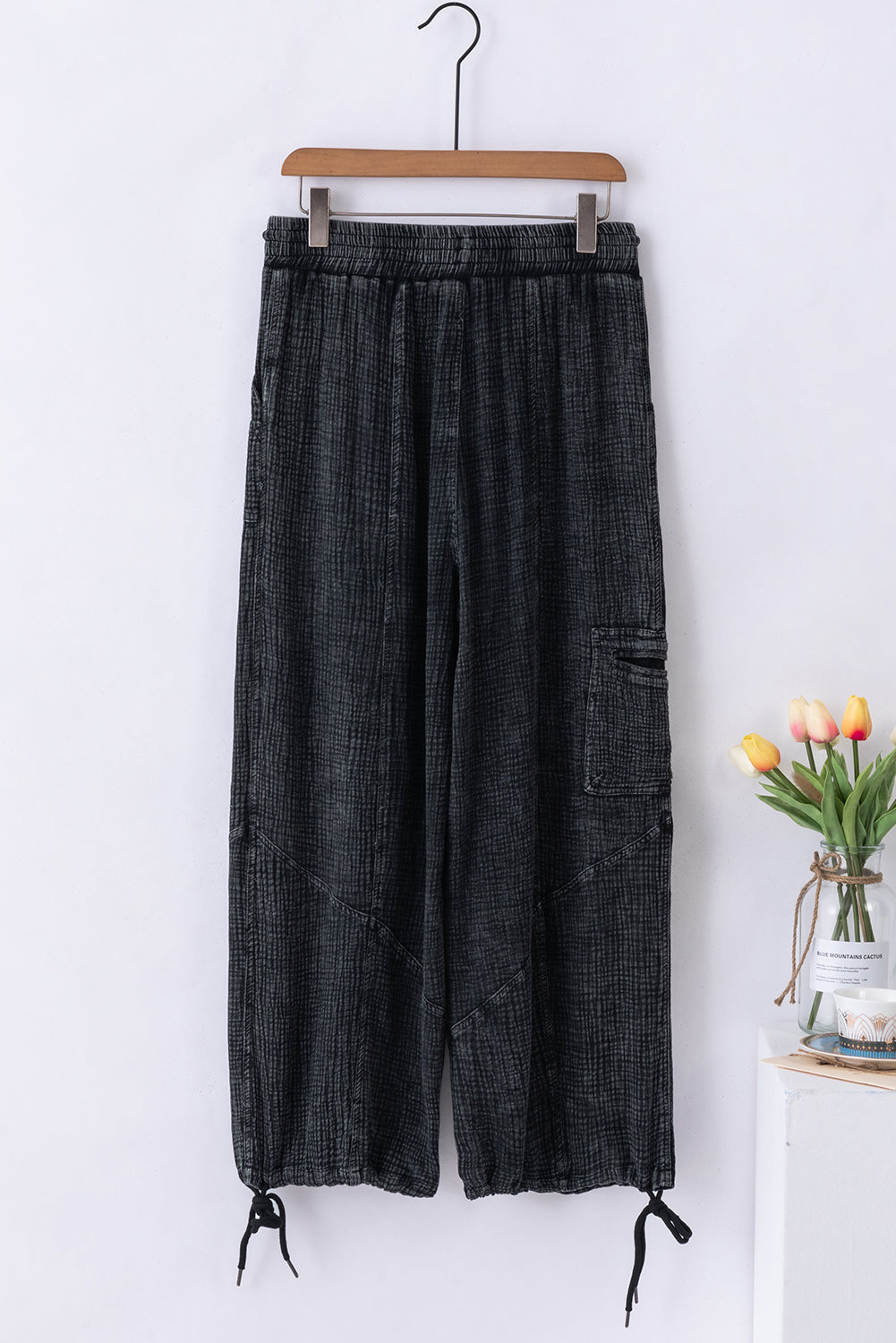 Black Mineral Wash Textured Drawstring Wide Leg Pants