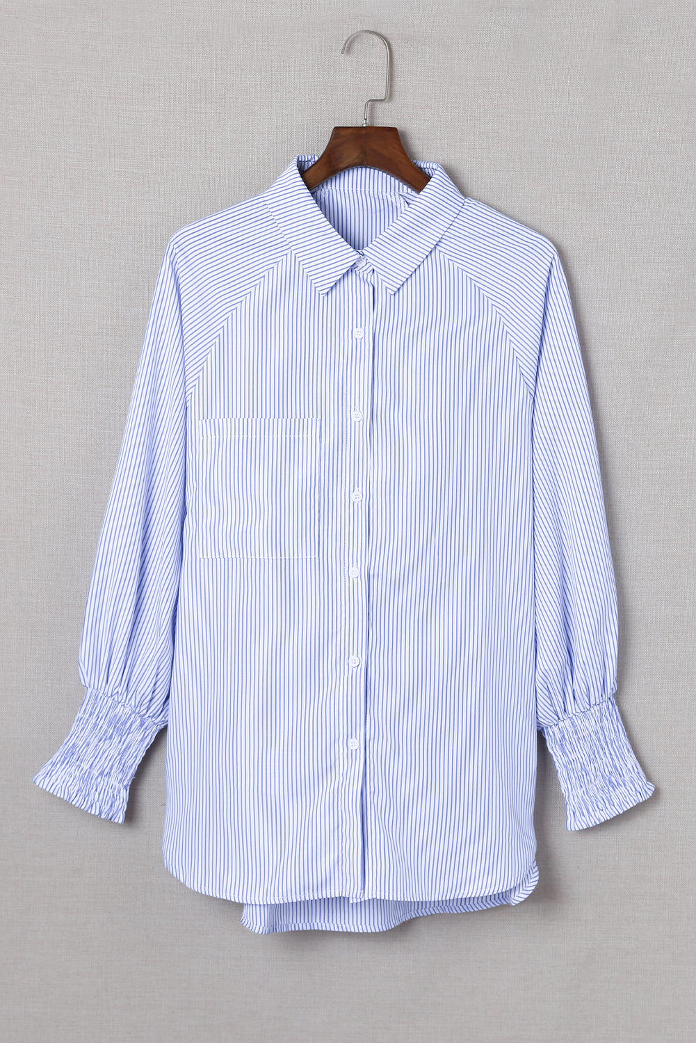 Sky Blue Smocked Cuffed Striped Boyfriend Shirt