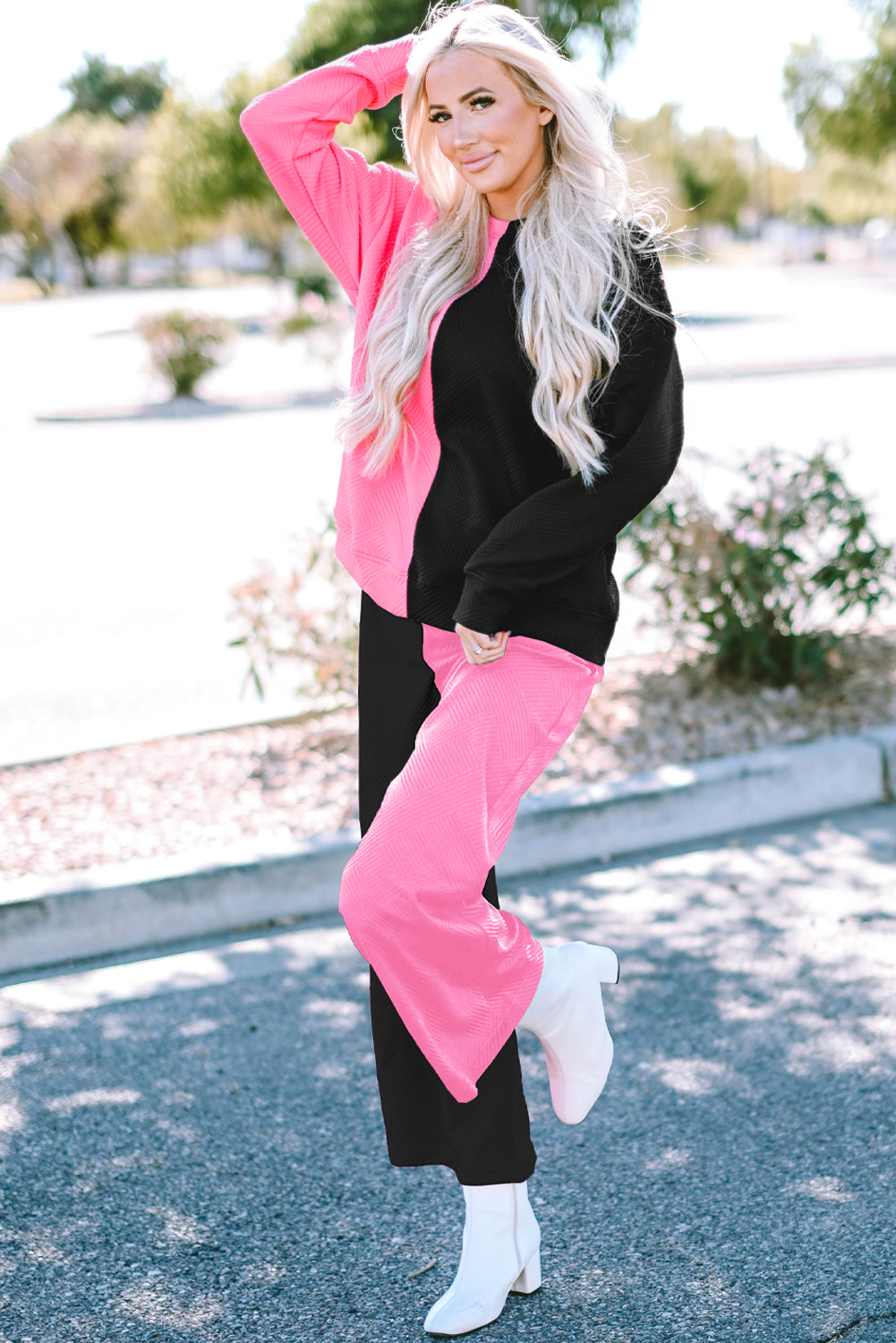 Pink and Black Contrast Color Outfit Set