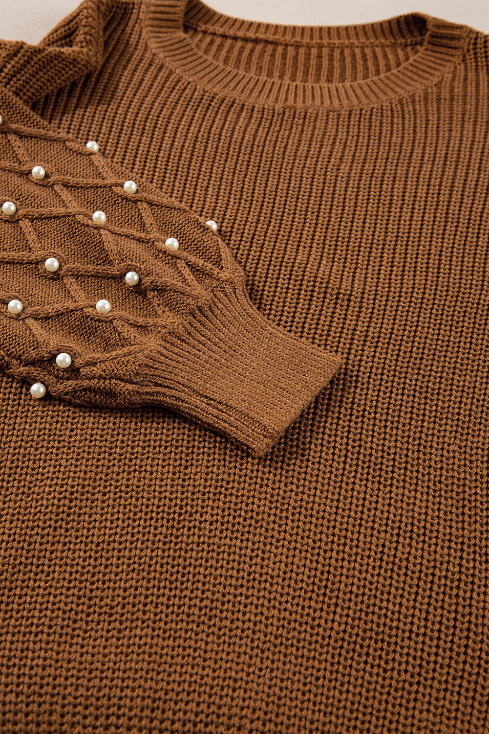 Chestnut Beaded Drop Shoulder Round Neck Sweater