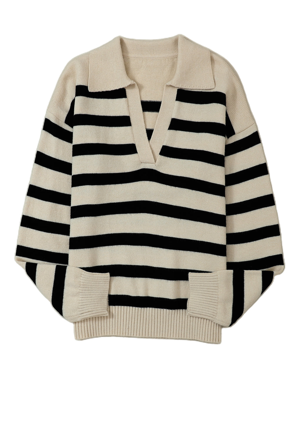 Apricot Striped Knit Drop Shoulder Collared V Neck Sweater