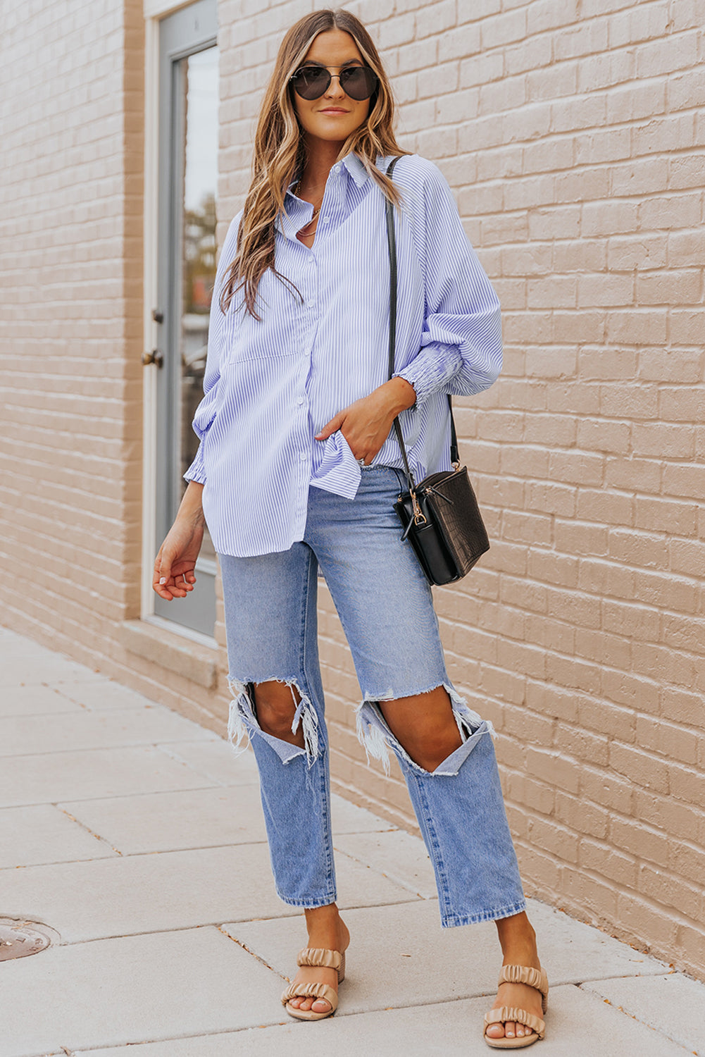 Sky Blue Smocked Cuffed Striped Boyfriend Shirt