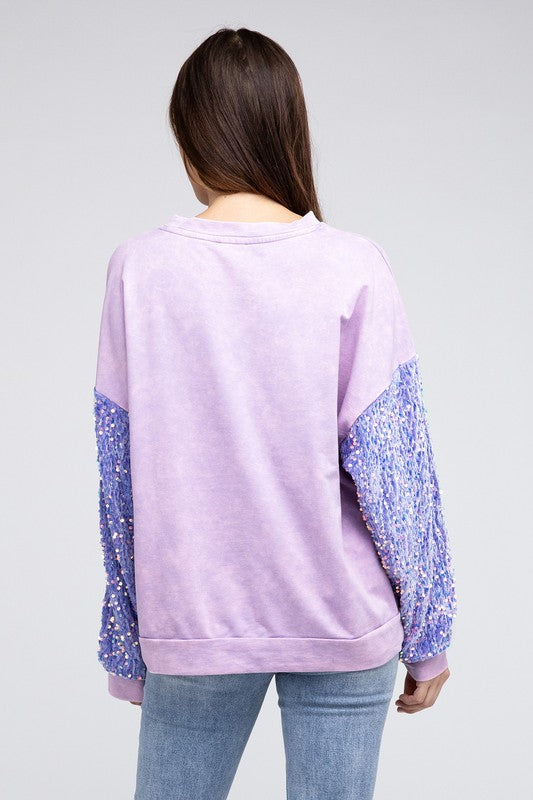 Sequin Sleeve Mineral Washed Top