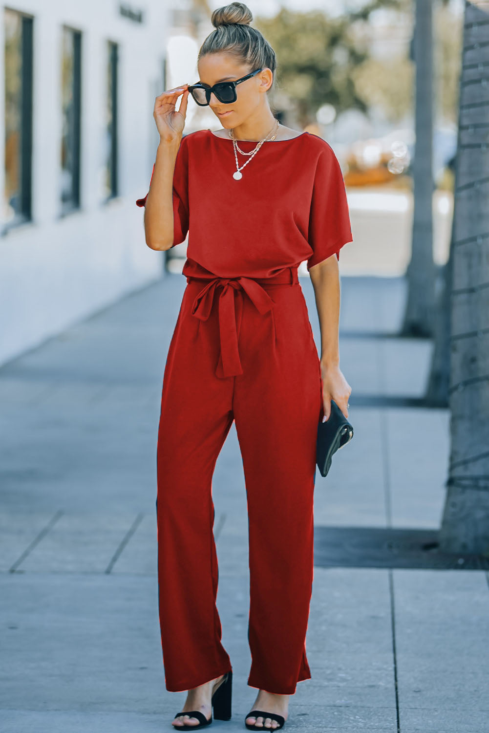 Fiery Red Belted Wide Leg Jumpsuit