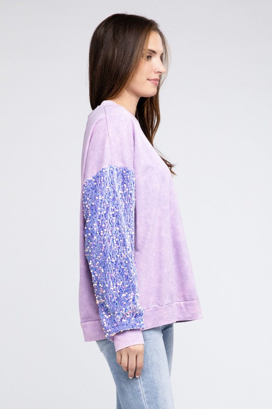 Sequin Sleeve Mineral Washed Top